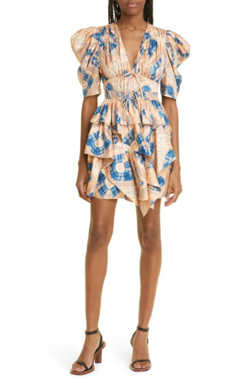 Ulla Johnson Fossil Peach Blue Zita Mixed Print Silk Tiered Ruffle Mini Dress 4